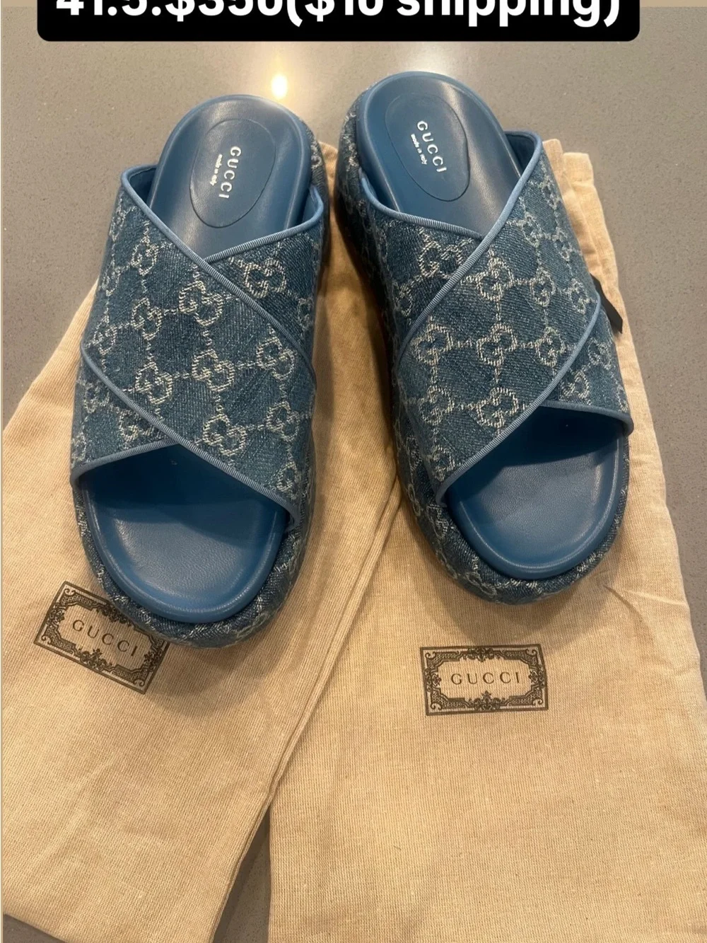 Gucci Blue GG Denim Crisscross Slide Sandals